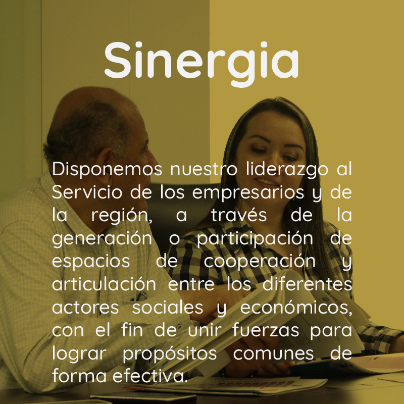 Sinergia Disponemos nuestro liderazgo al Servicio de los empresarios y de la región , a través de la generación o participación de espacios de cooperación articulación entre los diferentes actores sociales y económicos, con el fin de unir fuerzas para lograr propósitos comunes de forma efectiva